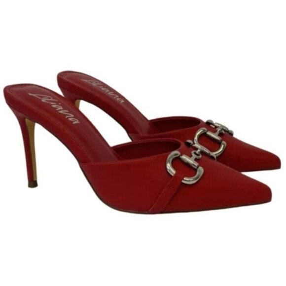LILIANA / Silla-9 / Red / Pointed-Toe High / Heel Mules / With Silver Metal Bit - Picture 1 of 7